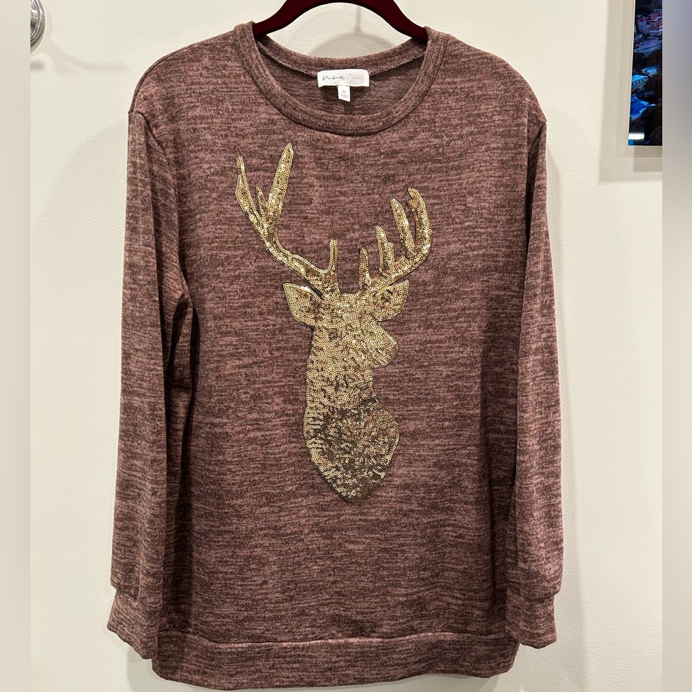 Holiday Heathered Brown Sweater with Gold Sequin Deer Design Women's size M